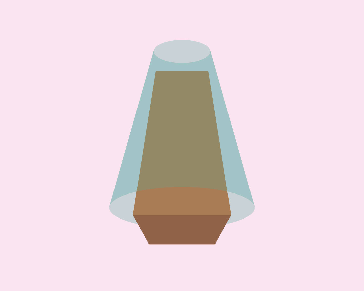 An abstract brown and blue design on a pink background. The design consists of two shapes. A brown rectangular prism floats in the center of the plane; it is enveloped almost wholly by a translucent blue truncated cone.